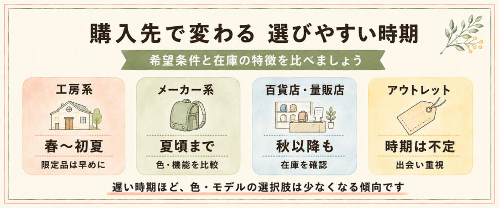 工房系やメーカー系など購入先別のランドセル購入時期と特徴