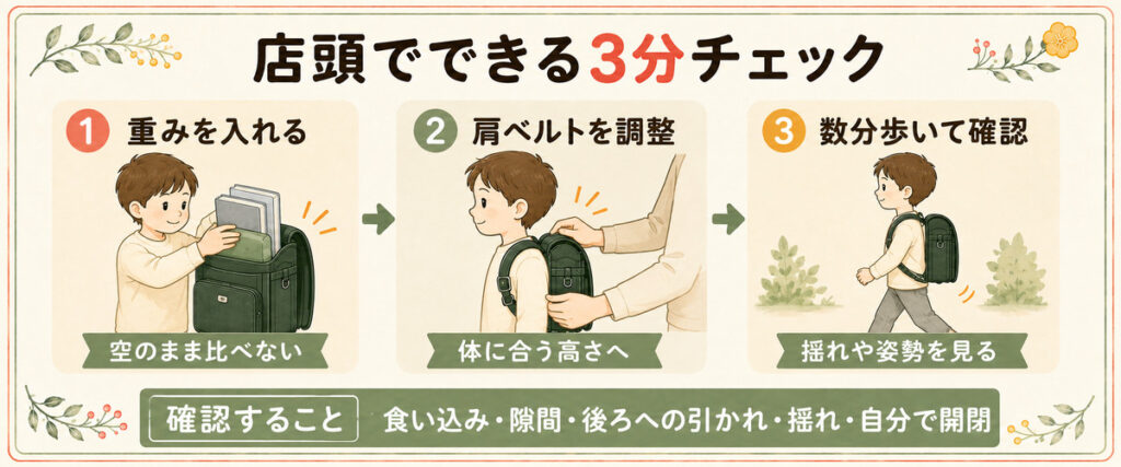 ランドセル試着 店頭3分チェック