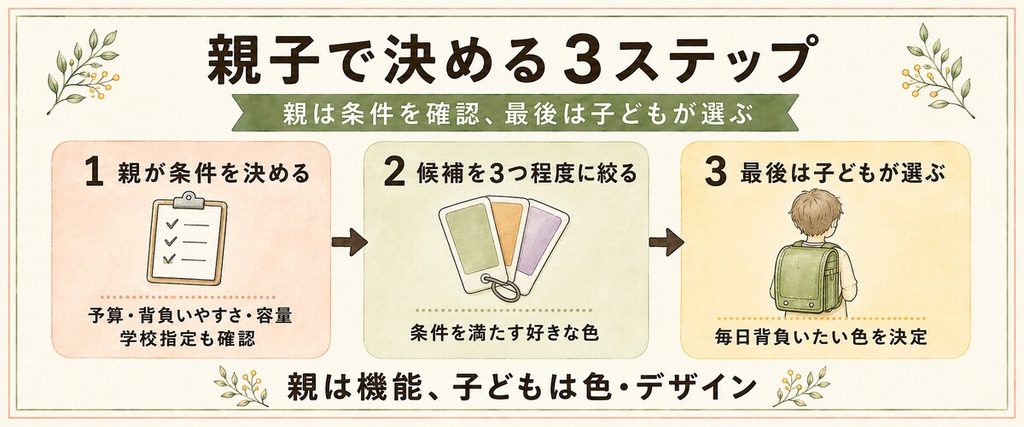 親子でランドセルの色を決める3つのステップ